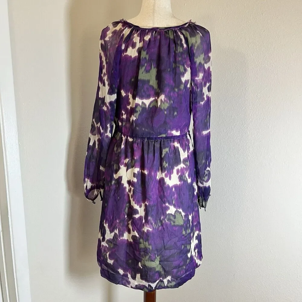 J. Crew Maisie Purple Floral Silk Abstract Long Sleeve Dress Sz 4 Casual Career